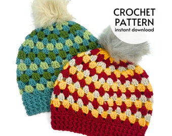 CROCHET PATTERN - Easy Granny Square Style Beanie Hat Crochet Pattern PDF Instant Digital Download Women's & Men's Winter Hat Pattern