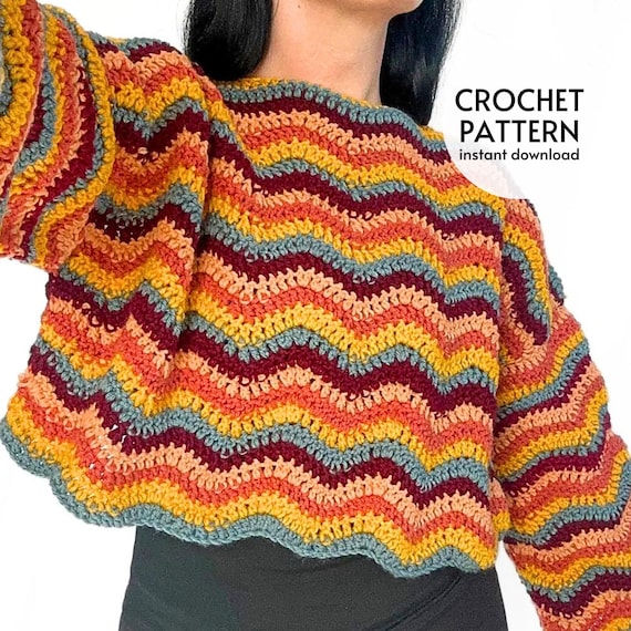 CROCHET PATTERN Wavy Sweater Women's Easy Crochet Top Pattern Fall Pullover Long Sleeve Crop Top Cardigan Gift Instant Digital Download PDF