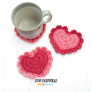 CROCHET PATTERN - Easy Heart Coaster Crochet Pattern Cute Valentine&#39;s Day Frilly Heart Coaster Pattern Instant Digital Download Pattern PDF