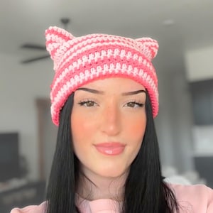 GEHAAKT PATROON - Eenvoudig gestreepte kattenoorbeanie haakpatroon pdf, geschikt voor beginners, trendy kattenhoed heren en dames Instant digitale download afbeelding 2