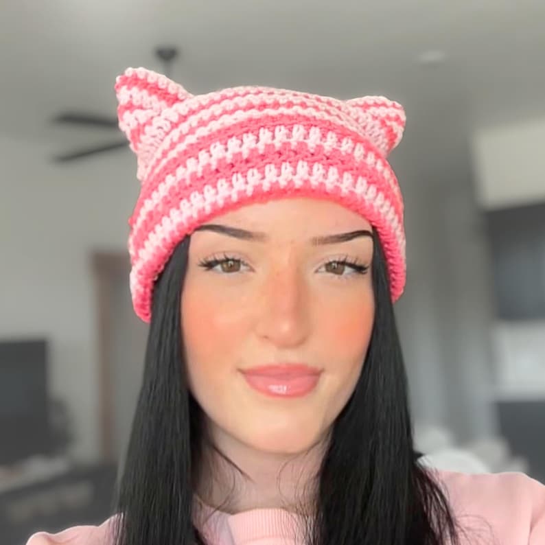 GEHAAKT PATROON - Eenvoudig gestreepte kattenoorbeanie haakpatroon pdf, geschikt voor beginners, trendy kattenhoed heren en dames Instant digitale download afbeelding 2