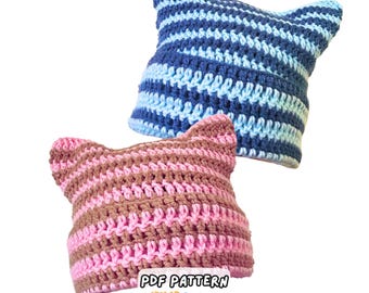 GEHAAKT PATROON - Eenvoudig gestreepte kattenoorbeanie haakpatroon pdf, geschikt voor beginners, trendy kattenhoed heren en dames Instant digitale download