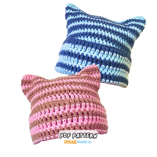 CROCHET PATTERN - Easy Striped Cat Ear Beanie Crochet Pattern PDF Beginner Friendly Men's & Women's Trendy Cat Hat Instant Digital Download