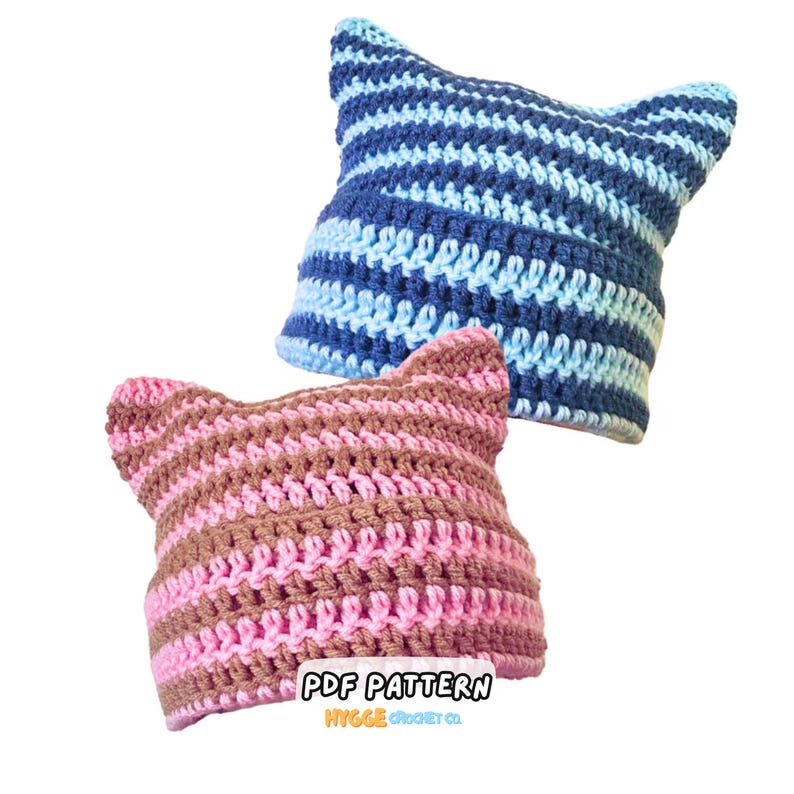 GEHAAKT PATROON - Eenvoudig gestreepte kattenoorbeanie haakpatroon pdf, geschikt voor beginners, trendy kattenhoed heren en dames Instant digitale download afbeelding 1