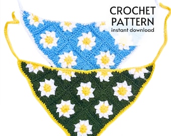 PATRÓN DE GANCHILLO - Patrón de pañuelo de margaritas a crochet. Bufanda de verano para el cabello. Diadema de crochet. Apto para principiantes. Descarga digital instantánea en PDF.