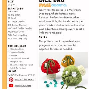 May include: A crochet pattern document for a mushroom dice bag measuring 6 inches by 8 inches. The text includes difficulty level, terms, materials, and gauge. Three finished mushroom-shaped pouches in red, yellow, and green are shown.