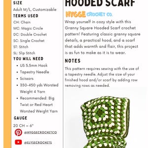 May include: A crochet pattern document titled Granny Square Hooded Scarf by Hygge Crochet Co. The text lists difficulty, size, terms, materials including a 5.5mm hook and worsted weight yarn, and gauge. A green and white granny square hooded scarf is shown.