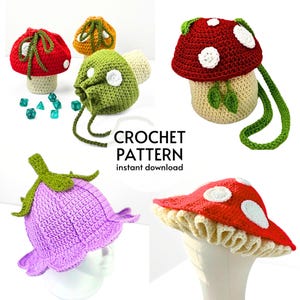 May include: Crochet pattern for making mushroom-shaped amigurumi toys. The pattern includes instructions for making a purple mushroom hat, a red and white mushroom hat, and a green mushroom bag. The pattern is available for instant download. CROCHET PATTERN instant download