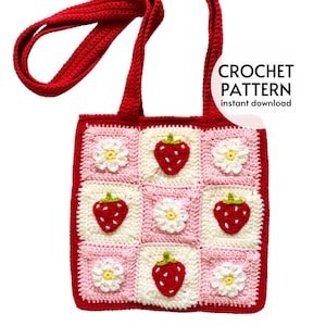 CROCHET PATTERN - Strawberry Granny Square Tote Bag Crochet Pattern Summer Market Bag Flower Shoulder Bag Crochet Pattern Strawberry Bag PDF