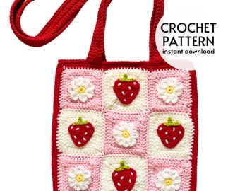 CROCHET PATTERN - Strawberry Granny Square Tote Bag Crochet Pattern Summer Market Bag Flower Shoulder Bag Crochet Pattern Strawberry Bag PDF