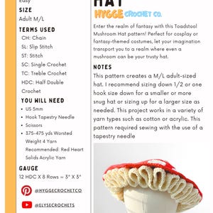 May include: A crochet pattern document for a Mushroom Hat by Hygge Crochet Co. The text details difficulty, size M/L, crochet terms, materials including a 5mm hook and worsted weight yarn, and gauge. A red and white crocheted mushroom hat is shown.