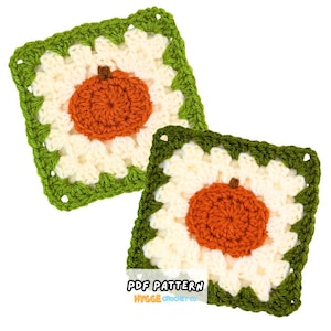 May include: Two square crochet motifs featuring a central orange pumpkin with a small brown stem, surrounded by white yarn in a granny square pattern, and finished with a green border. The text PDF PATTERN HYGGE CROCHET CO is visible.
