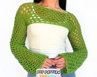 CROCHET PATTERN Easy Mesh Shrug Top Pattern Crochet Sweater Long Sleeve Pullover Pattern Cute Crochet Crop Top Instant Digital Download PDF