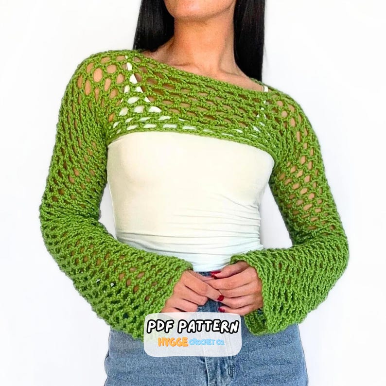 CROCHET PATTERN Easy Mesh Shrug Top Pattern Crochet Sweater Long Sleeve Pullover Pattern Cute Crochet Crop Top Instant Digital Download PDF image 1