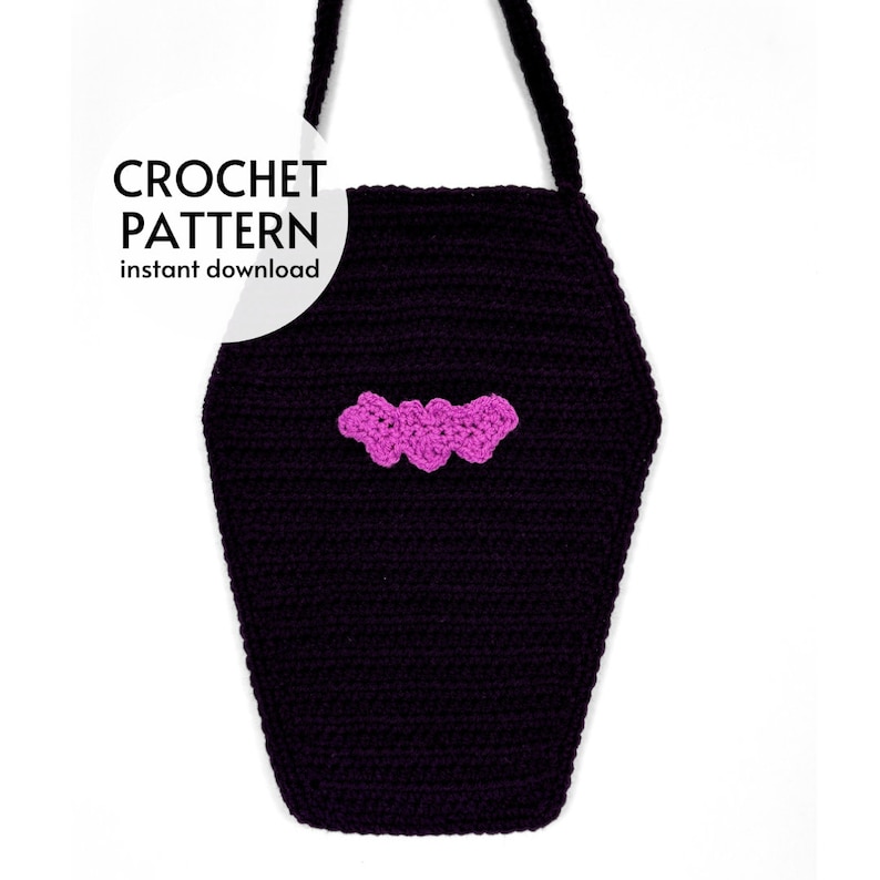 May include: A black coffin-shaped crochet bag with a pink bat applique on the front and a single black strap. The text CROCHET PATTERN instant download is printed in black on a white circular background overlaying the upper left corner.