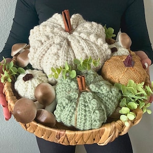 Puede incluir: Una cesta tejida que contiene varias calabazas de ganchillo en color crema y verde salvia, una calabaza dorada texturizada y figuras de setas marrones. Las calabazas tienen tallos de canela y ramas de eucalipto verde como adorno.
