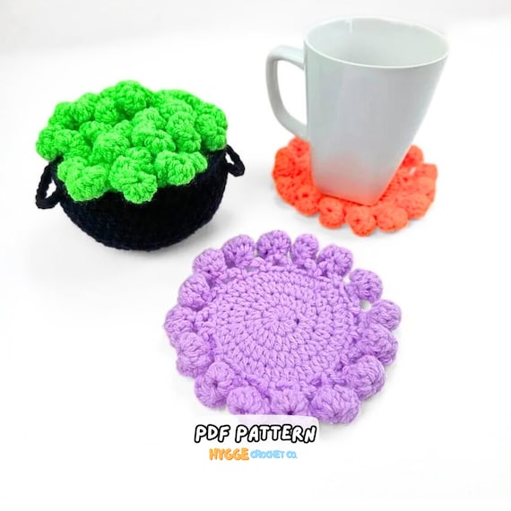 CROCHET PATTERN - Easy Bubbling Cauldron Coaster Set Halloween Crochet Pattern Cute Witchy Crochet Gift Pattern Instant Digital Download PDF