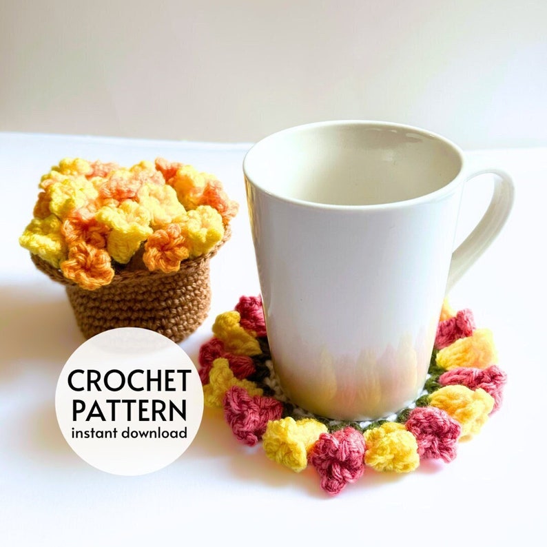 CROCHET PATTERN Flower Pot Coaster Set Crochet Pattern Flower Bouquet Plant Coasters Instant Digital Download PDF Crochet Pattern image 1