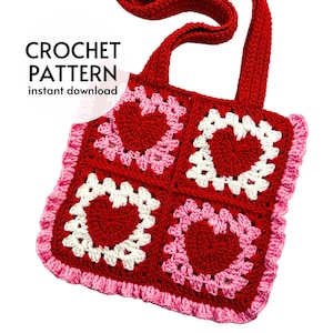 CROCHET PATTERN - Heart Granny Square Tote Bag Crochet Pattern Cute Frilly Heart Handbag Pattern Valentines Day Crochet Digital Download PDF