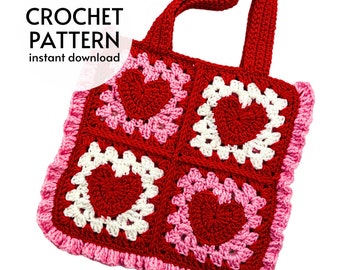 CROCHET PATTERN - Heart Granny Square Tote Bag Crochet Pattern Cute Frilly Heart Handbag Pattern Valentines Day Crochet Digital Download PDF