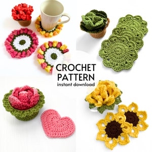 CROCHET PATTERN BUNDLE - Flower Pot Coaster Set Crochet Patterns Succulent Plant Sunflower Coasters Heart Rose Pattern Digital Download