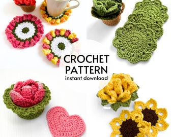 CROCHET PATTERN BUNDLE - Flower Pot Coaster Set Crochet Patterns Succulent Plant Sunflower Coasters Heart Rose Pattern Digital Download