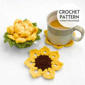 CROCHET PATTERN Sunflower Coaster Set Crochet Pattern Plant Decor Crochet Coasters Instant Digital Download PDF Easy Crochet Pattern image 1