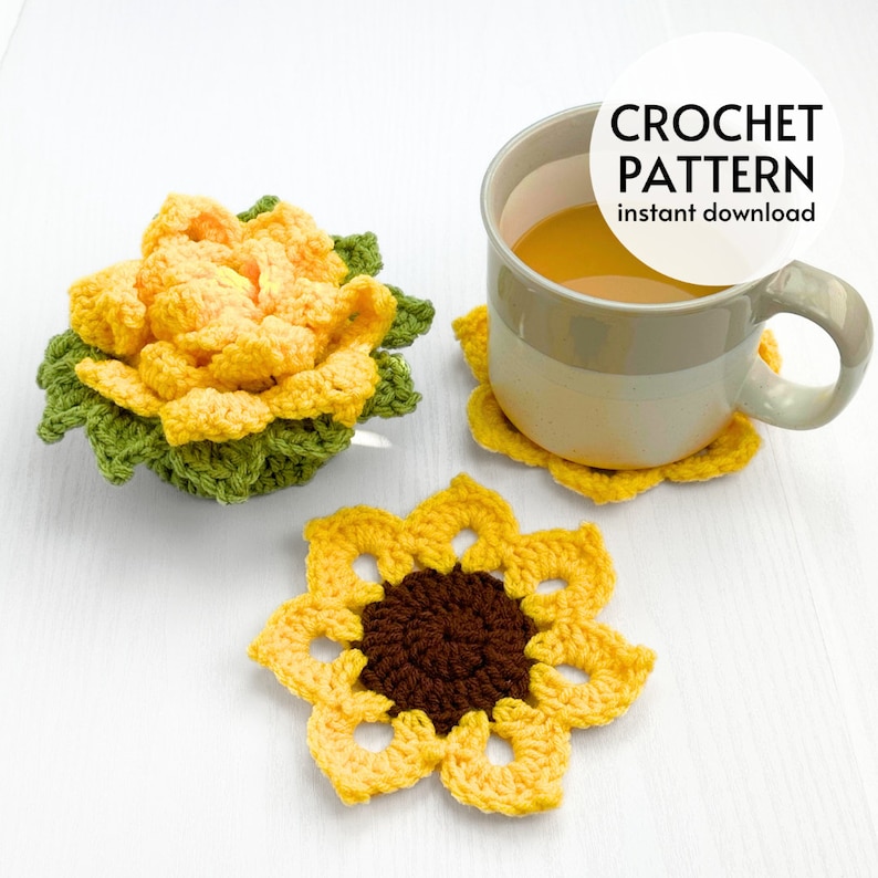 CROCHET PATTERN Sunflower Coaster Set Crochet Pattern Plant Decor Crochet Coasters Instant Digital Download PDF Easy Crochet Pattern image 1