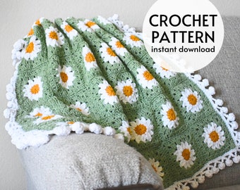 CROCHET PATTERN - Daisy Flower Granny Square Blanket Crochet Pattern Easy Boho Throw Baby Blanket Afghan Instant Digital Download PDF
