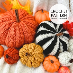 May include: Crochet pattern for making pumpkins. The image shows a variety of crocheted pumpkins in different colors and patterns, including orange, black and white, and yellow. The text "CROCHET PATTERN instant download" is visible in the image.