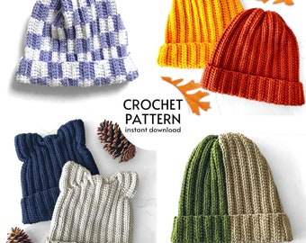 CROCHET PATTERN BUNDLE - Beanie Crochet Pattern Bundle Set of 4, Easy Knit Look Ribbed Beanie Hat, Colorblock Beanie, Cat Ear Beanie Pattern