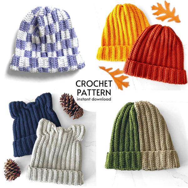CROCHET PATTERN BUNDLE - Ensemble de 4 modèles de bonnet au crochet, bonnet côtelé facile à tricoter, bonnet colorblock, motif bonnet oreille de chat