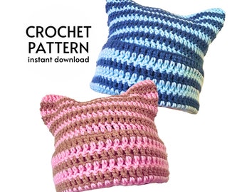 CROCHET PATTERN - Easy Striped Cat Ear Beanie Crochet Pattern PDF Beginner Friendly Men's & Women's Trendy Cat Hat Instant Digital Download