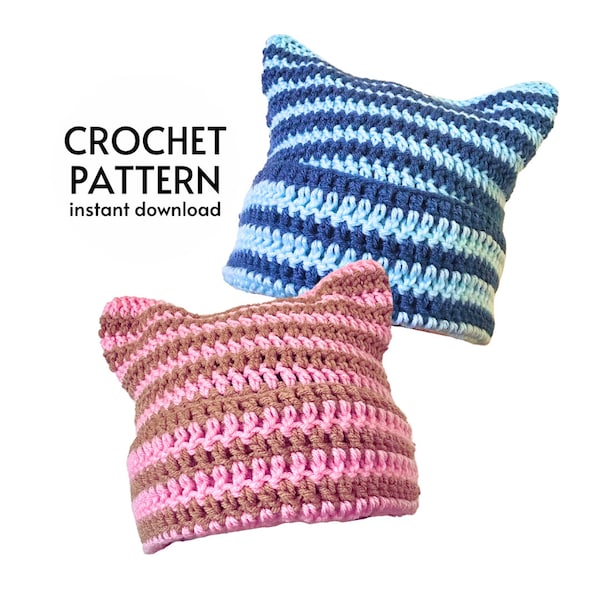CROCHET PATTERN - Easy Striped Cat Ear Beanie Crochet Pattern PDF Beginner Friendly Men's & Women's Trendy Cat Hat Instant Digital Download
