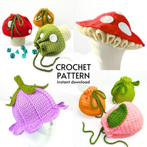 May include: Crochet patterns for mushroom-shaped bags and hats. The patterns are available for instant download. The image shows a variety of colors and styles, including red, green, orange, and purple.