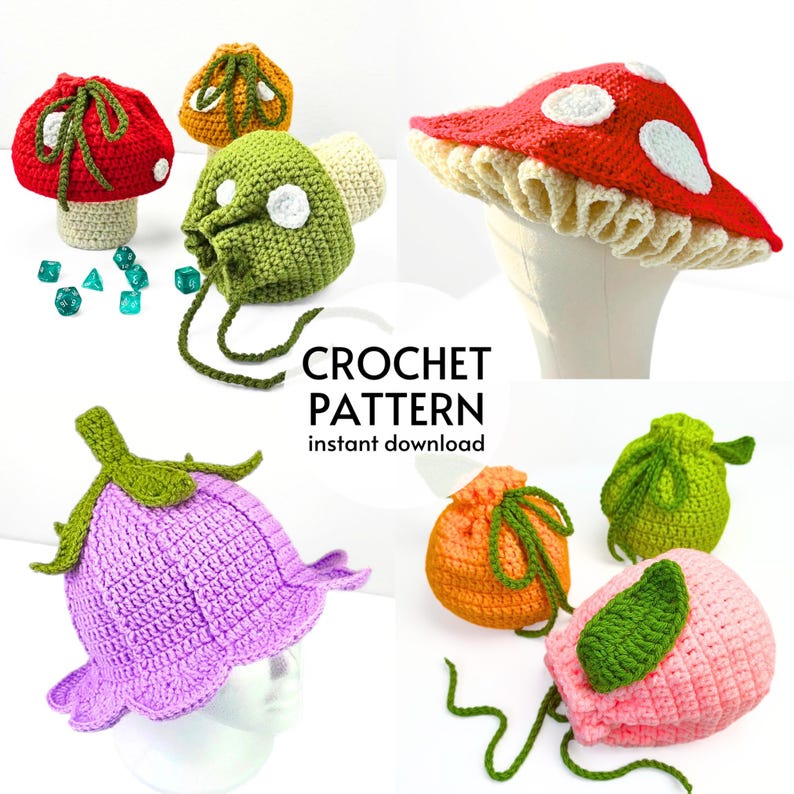 May include: A collection of crochet items including mushroom-shaped drawstring pouches in red, orange, and green, a red mushroom hat with white spots, a purple flower-shaped hat with green leaves, and fruit-shaped pouches in orange, green, and pink.