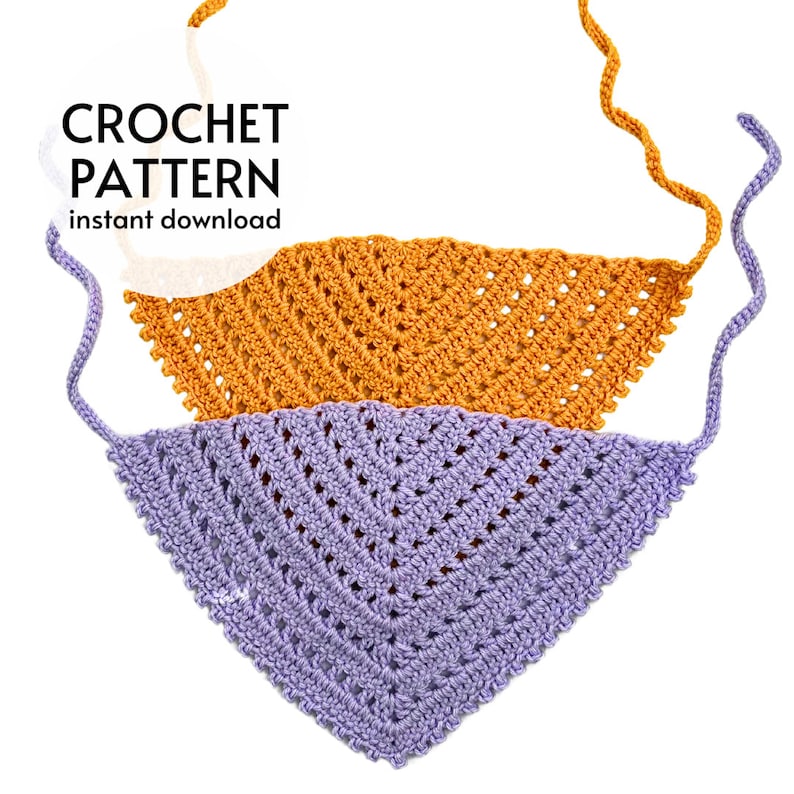 Puede incluir: Dos bufandas triangulares de crochet, una morada y otra naranja, con el texto "CROCHET PATTERN instant download" encima.