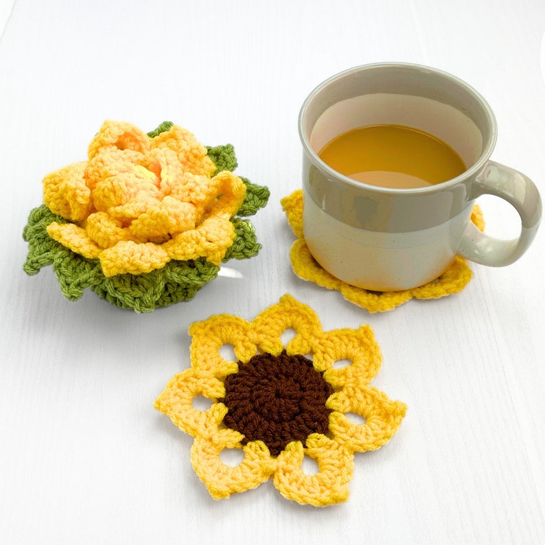 CROCHET PATTERN Sunflower Coaster Set Crochet Pattern Plant Decor Crochet Coasters Instant Digital Download PDF Easy Crochet Pattern image 8