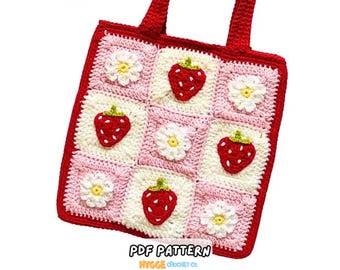 CROCHET PATTERN - Strawberry Granny Square Tote Bag Crochet Pattern Summer Market Bag Flower Shoulder Bag Crochet Pattern Strawberry Bag PDF