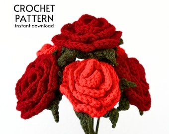CROCHET PATTERN - Easy Rose Flower Crochet Pattern Valentine's Day Flower Bouquet Pattern Crochet Gift Roses Instant Digital Download