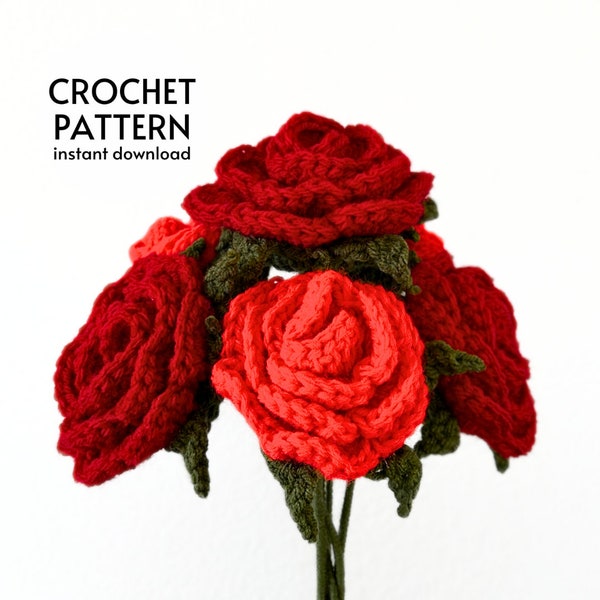 MOTIF AU CROCHET - Bouquet de roses roses, motif au crochet, décoration de fleurs au crochet, téléchargement numérique instantané, cadeau Saint-Valentin fait main, roses au crochet