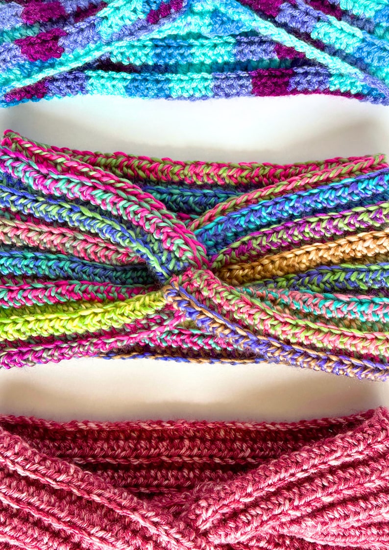May include: Three crocheted headbands in different colors and patterns. The top headband is blue, purple, and turquoise. The middle headband is a multi-colored stripe pattern. The bottom headband is a solid pink.