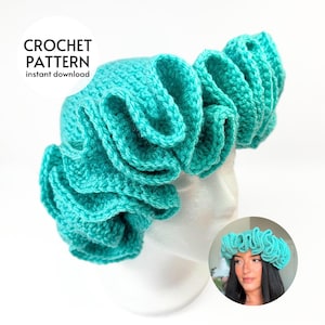 May include: A turquoise crochet headband with a ruffled design. The headband is displayed on a white mannequin head. The image includes the text "CROCHET PATTERN instant download".