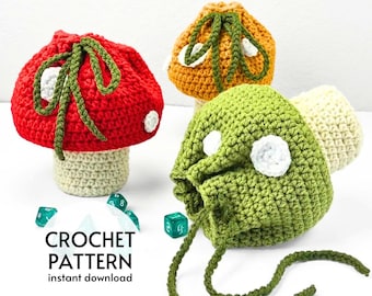 CROCHET PATTERN Easy Mushroom Dice Bag Pattern Fairycore Mushroom Pouch Market Bag Cottagecore Crochet Drawstring Bag Digital Download PDF