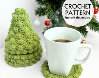CROCHET PATTERN - Farmhouse Bobble Christmas Tree Coaster Set Pattern Instant Digital Download Pattern PDF Crochet Winter Holiday Decor