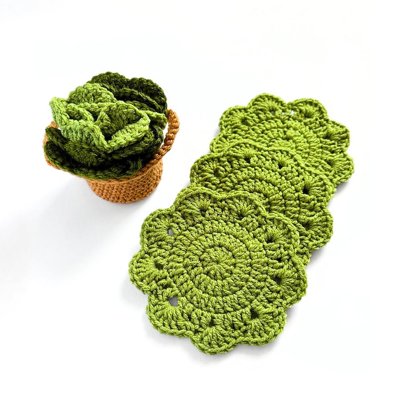 CROCHET PATTERN - Succulent Plant Pot Coaster Crochet Pattern Flower Leaf Coasters Set Instant Digital Download PDF Easy Crochet Pattern image 1