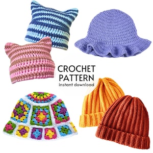CROCHET PATTERN BUNDLE - Beanie Crochet Pattern Bundle Set of 4 Easy Knit Look Ribbed Beanie Hat Cat Ear Beanie Basic Bucket Hat Patterns