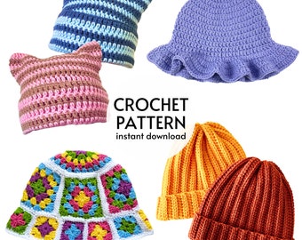 CROCHET PATTERN BUNDLE - Beanie Crochet Pattern Bundle Set of 4 Easy Knit Look Ribbed Beanie Hat Cat Ear Beanie Basic Bucket Hat Patterns