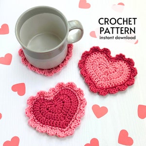 CROCHET PATTERN - Easy Heart Coaster Crochet Pattern Cute Valentine&#39;s Day Frilly Heart Coaster Pattern Instant Digital Download Pattern PDF