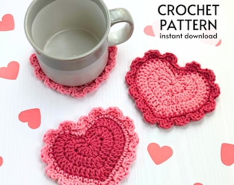 CROCHET PATTERN - Easy Heart Coaster Crochet Pattern Cute Valentine's Day Frilly Heart Coaster Pattern Instant Digital Download Pattern PDF